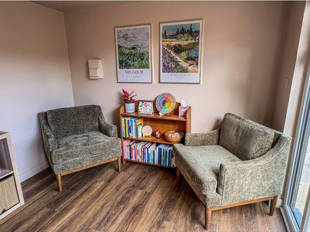 Where we meet Two armchairs in Marlene's private therapy room in Holmes Chapel